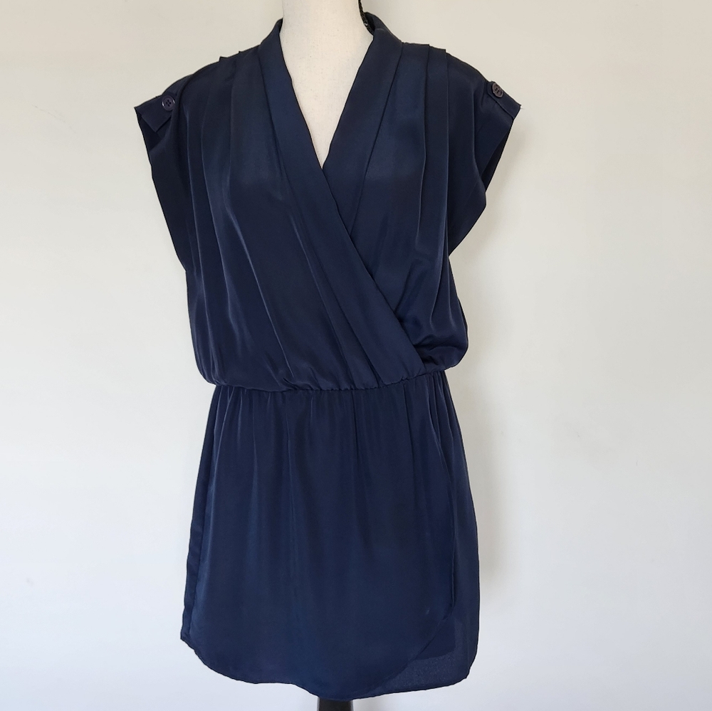 AQUA Gorgeous Short Sleeve Navy Blue Mini Dress Faux Wrap Evening Date Night S